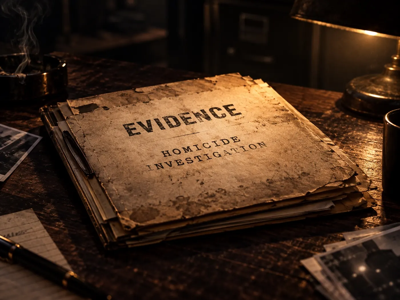 Evidence files on a detective’s desk